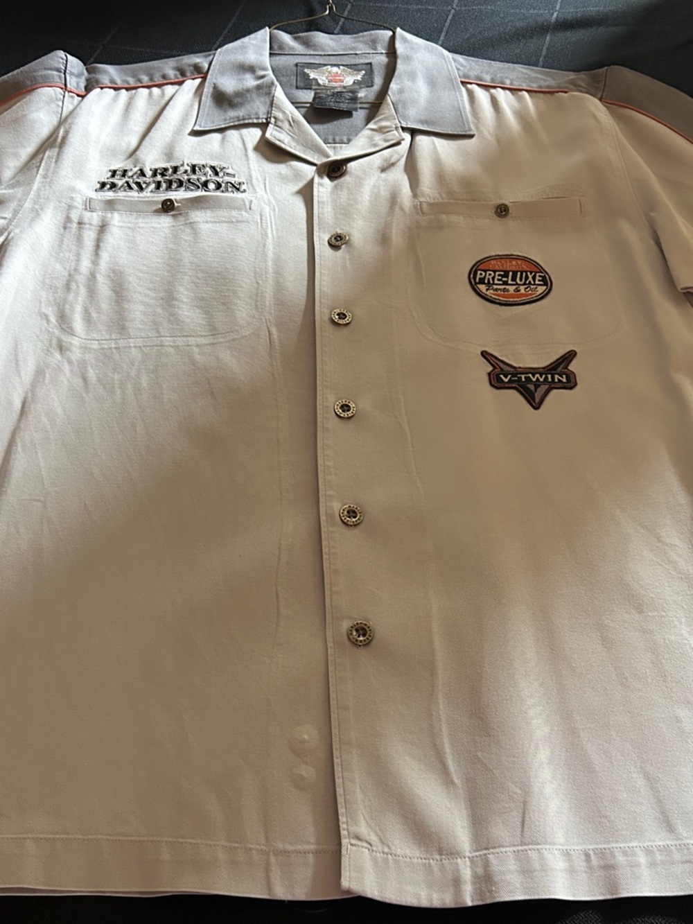 Harley-Davidson Light Gray and Dark Gray Short-Sleeve Button Shirt with Patches